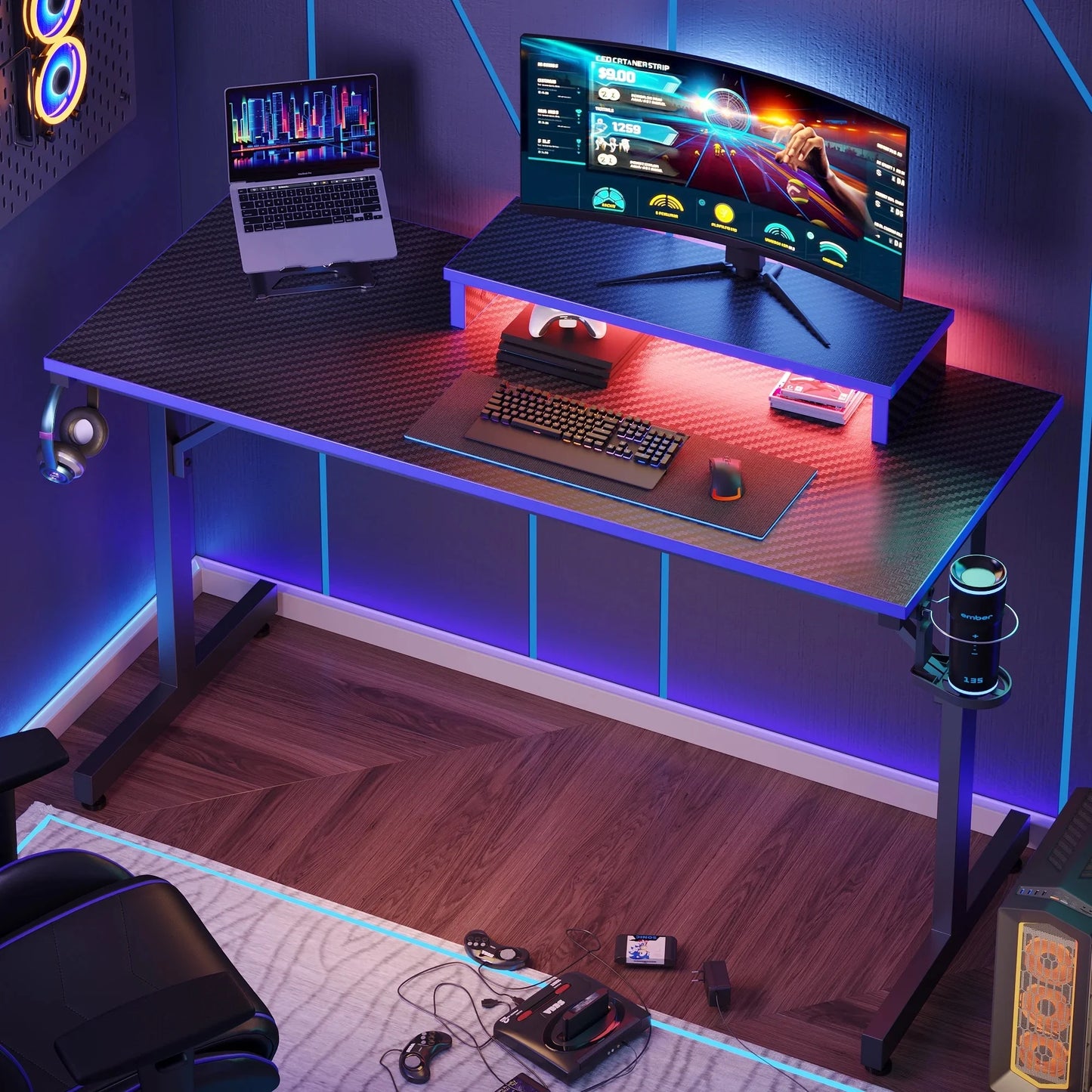 42" Gaming Desk PC Computer Table with LED Lights & Monitor Stand & Hook & Cup Holder in Blue