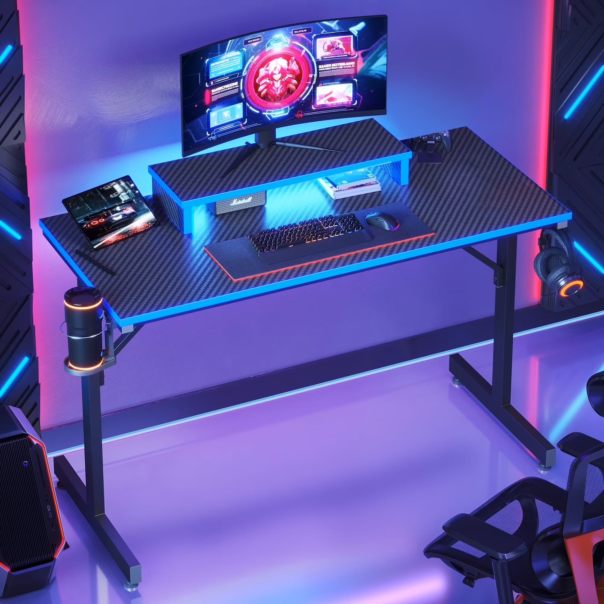 42" Gaming Desk PC Computer Table with LED Lights & Monitor Stand & Hook & Cup Holder in Blue